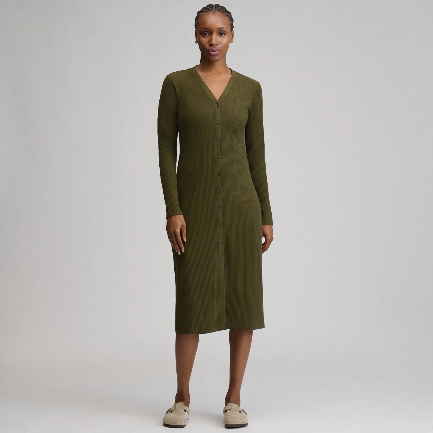 Eddie Bauer Long-Sleeve Button Front Ribbed Knit rochie midi Charcoal calduroasa