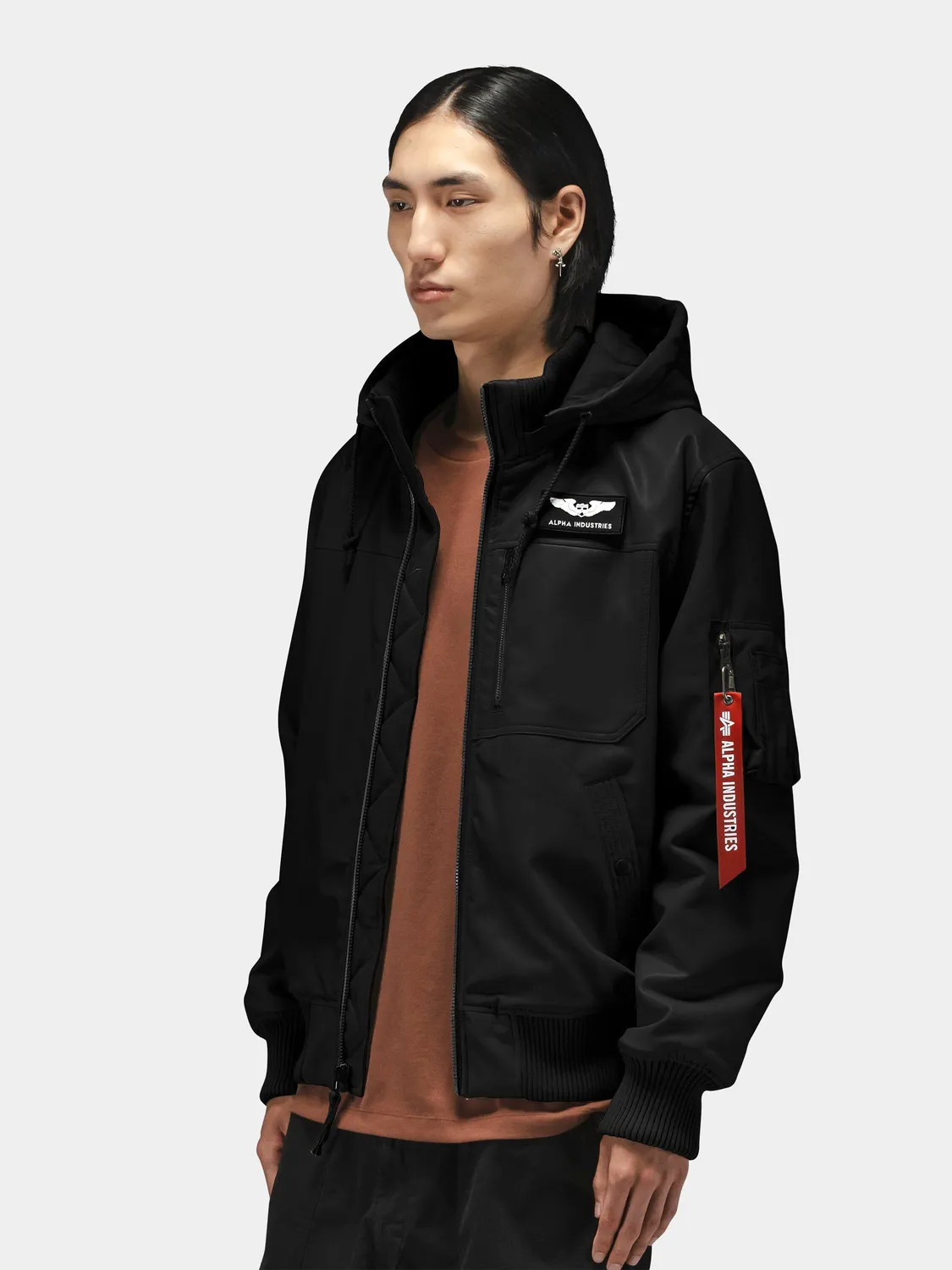 Alpha Industries geaca bomber neagra piele ecologica cu gluga