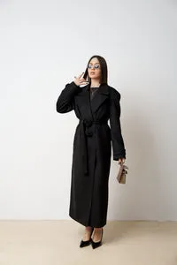 Mareus 522 palton lana lung damă negru cu cordon