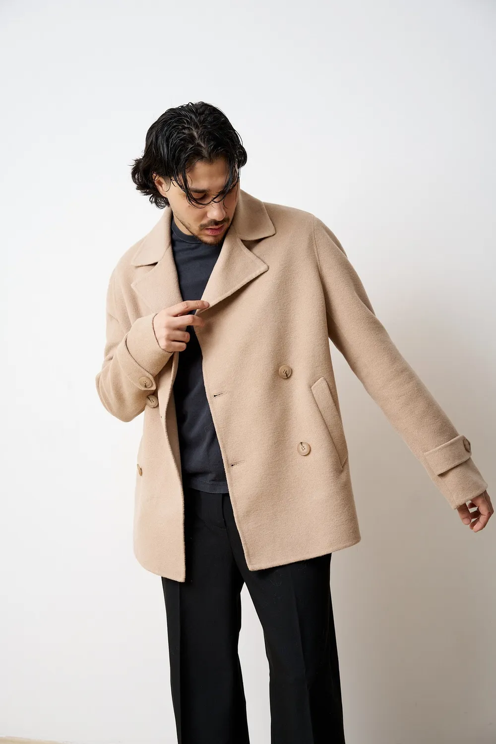 Mareus 533 palton lână Desert Beige scurt bărbați