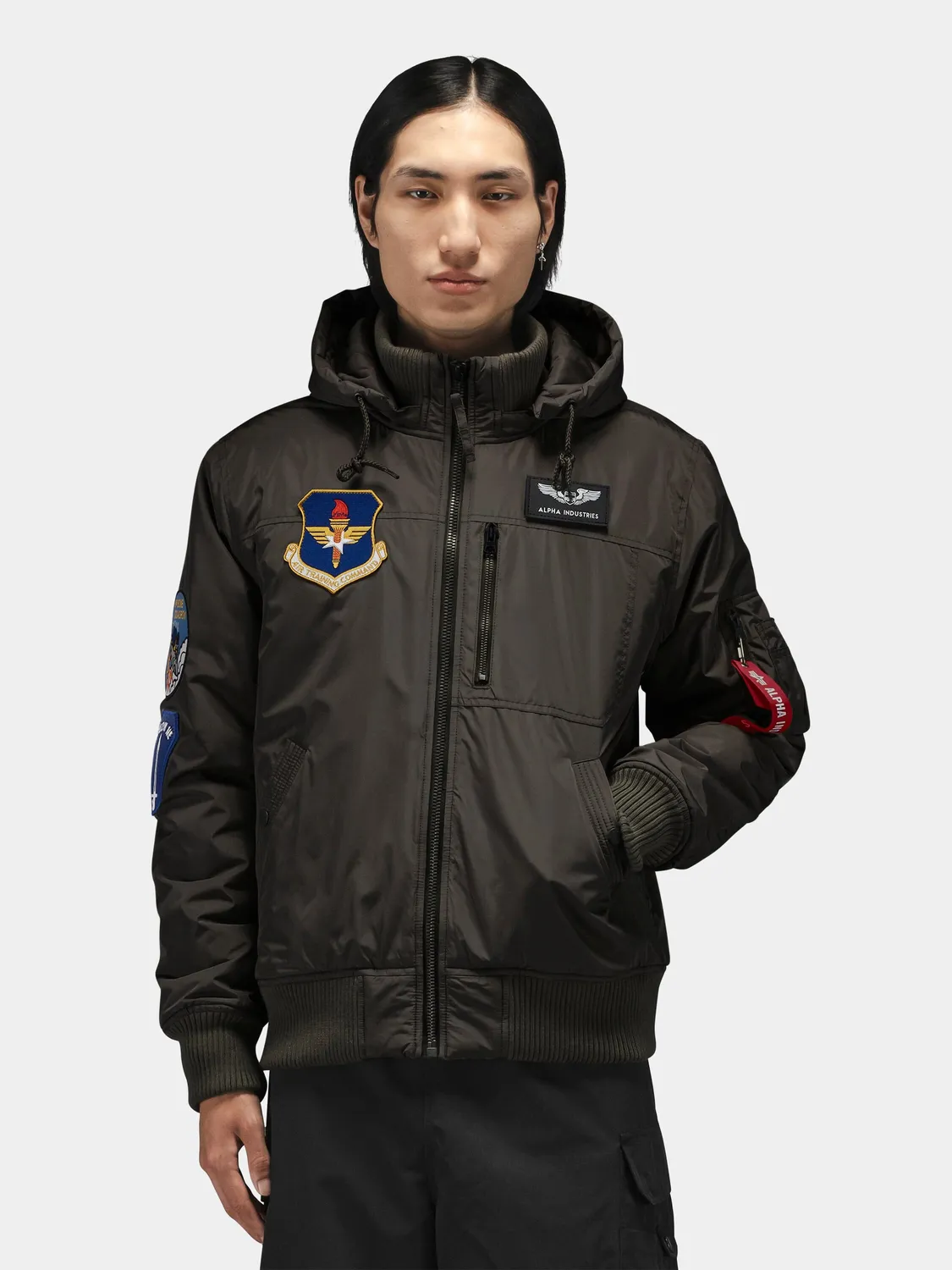 Alpha Industries Patched Hooded Rib geaca flight negru cu gluga