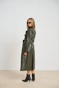 Mareus Olive 668 trench piele dama verde lung 125cm