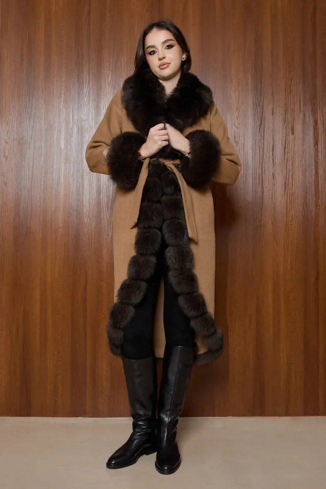 Mareus 708 palton lână alpaca bronz cu blană vulpe