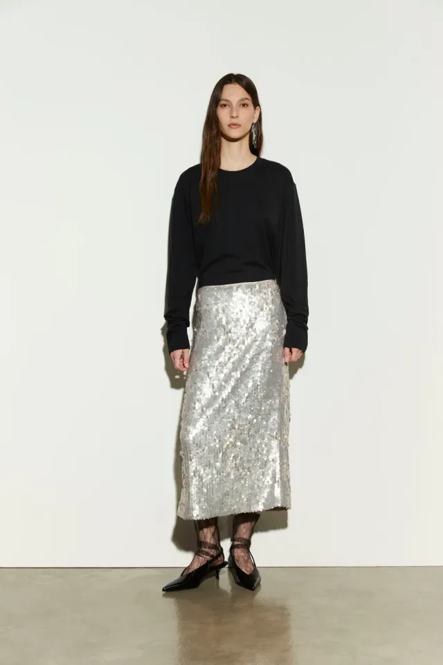 Isabelle Blanche fusta midi oatmeal cu paiete