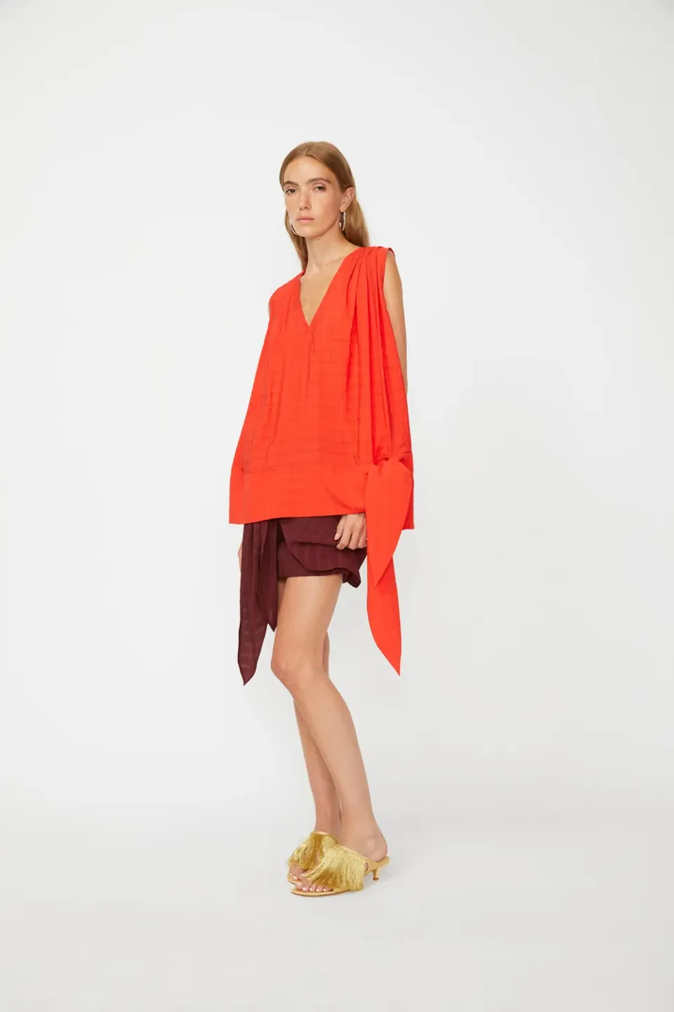 Isabelle Blanche top tangerine in carouri cu nod vascoza