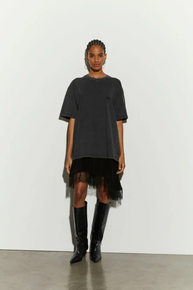 Isabelle Blanche tricou antracit bumbac dantela
