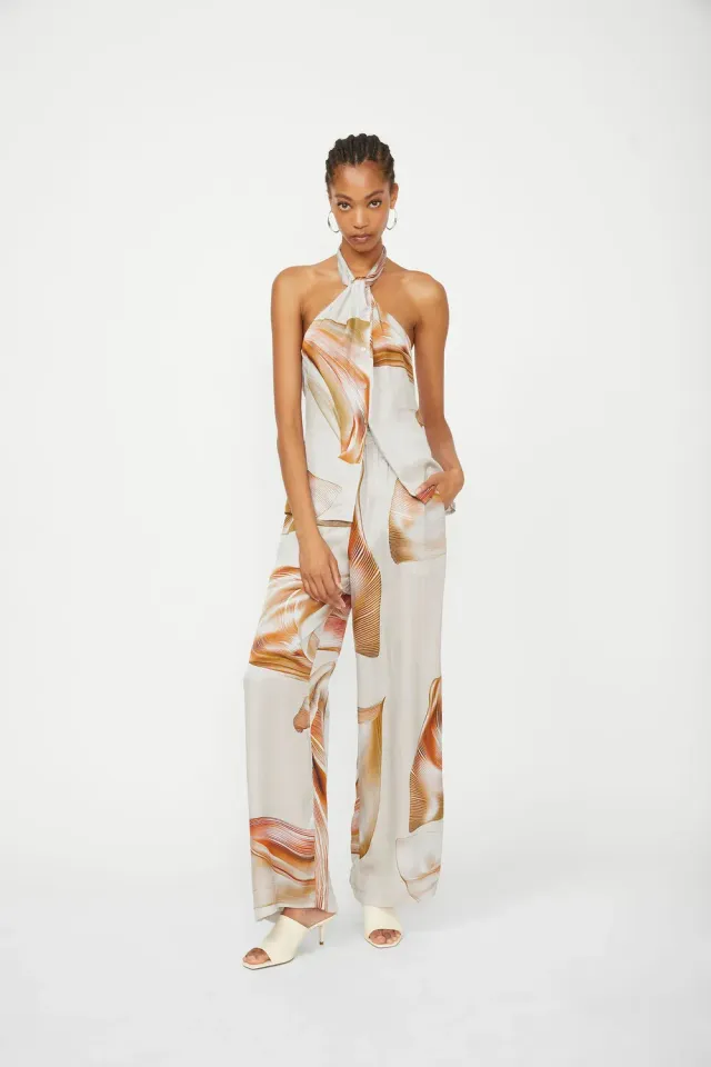 Isabelle Blanche top satin vâscoză taupe imprimat
