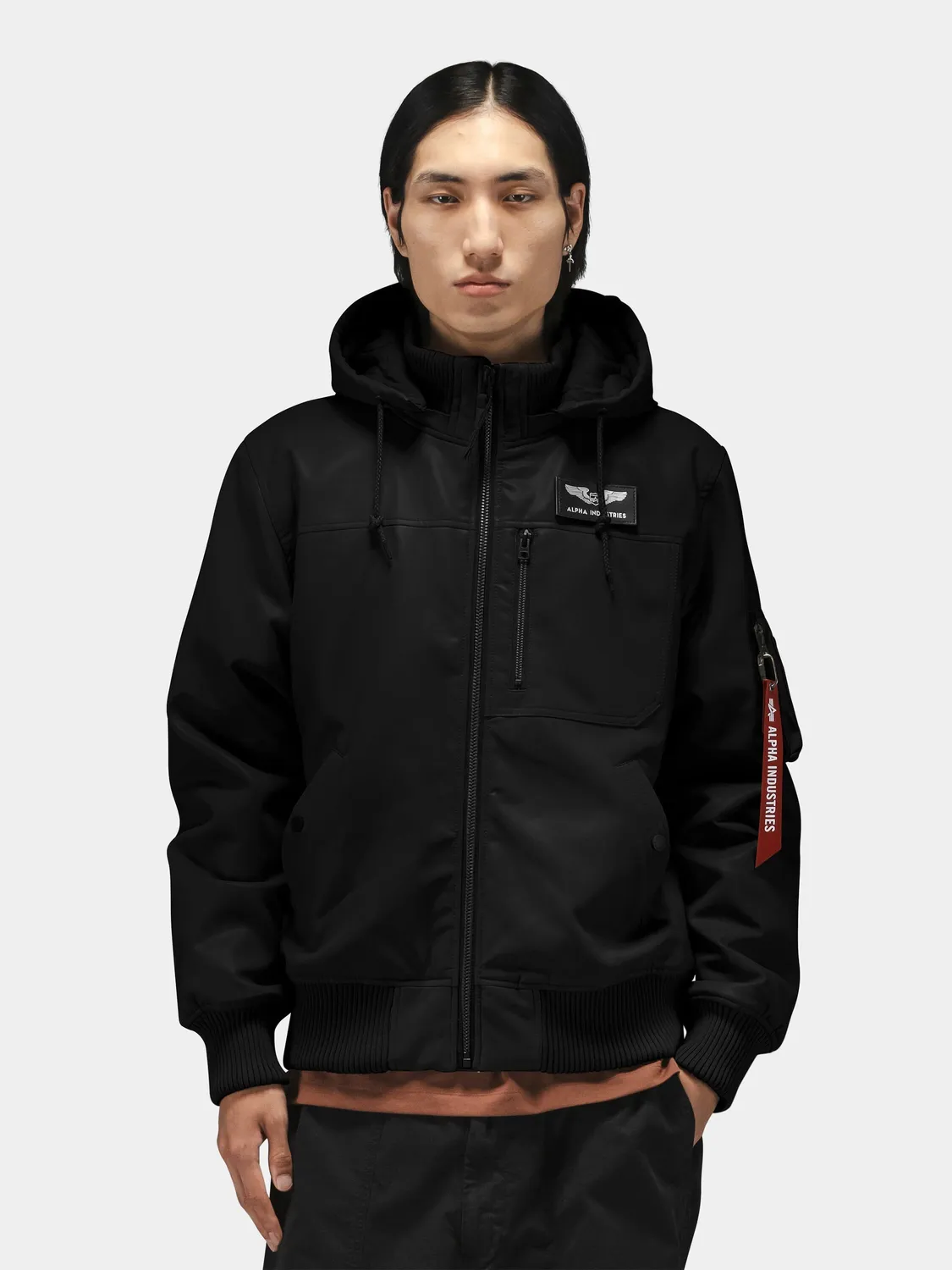 Alpha Industries geaca bomber neagra piele ecologica cu gluga
