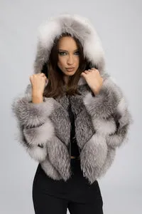 Mareus Arctic Silver 454 haină blană vulpe argintie cu glugă