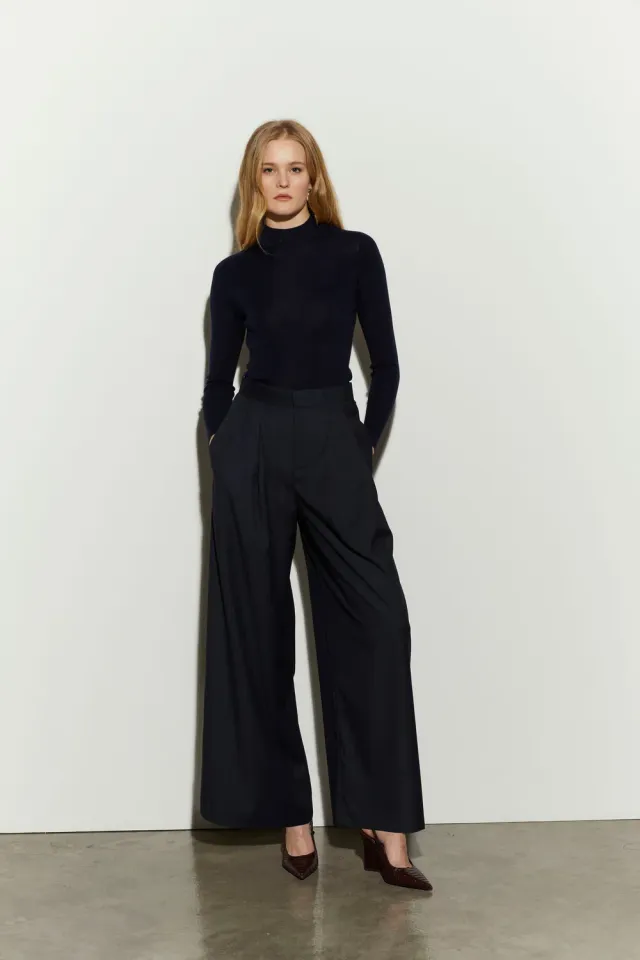 Isabelle Blanche pantaloni largi blue nights M pliuri lână