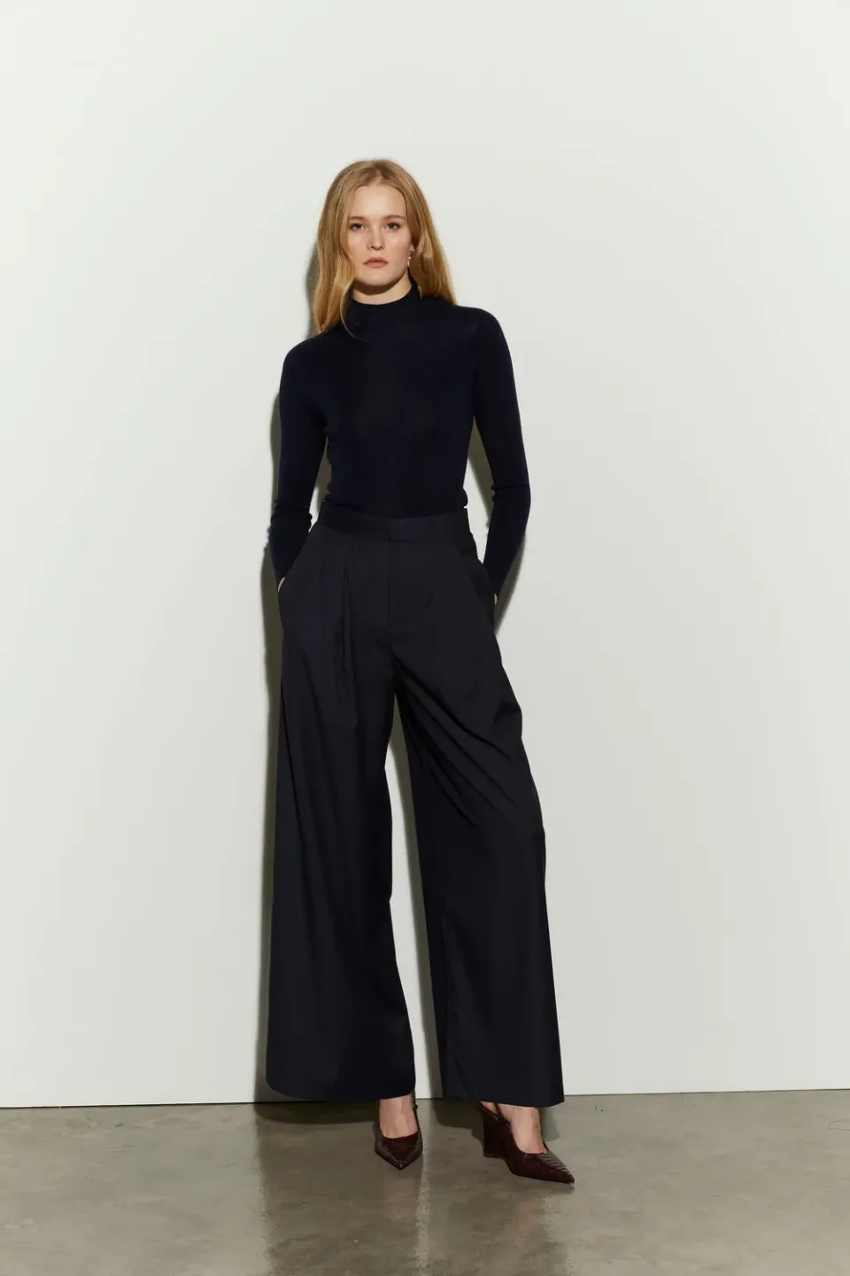 Isabelle Blanche pantaloni largi blue nights M pliuri lână
