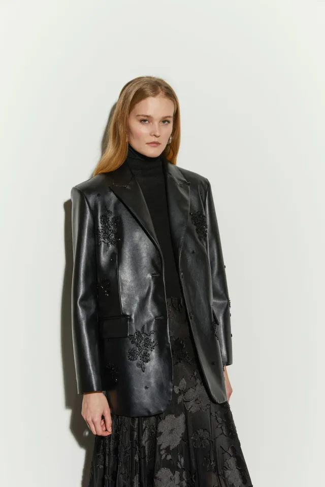 Isabelle Blanche Blazer sacou negru M piele ecologica