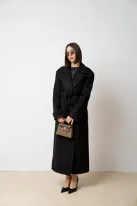 Mareus 522 palton lana lung damă negru cu cordon