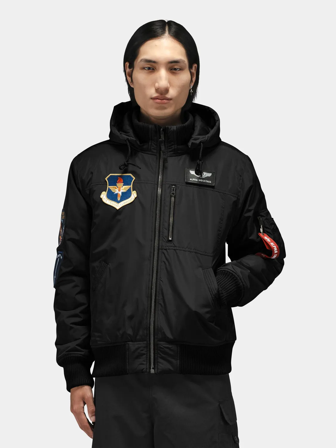 Alpha Industries Patched Hooded Rib geaca flight negru cu gluga