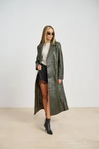 Mareus Olive 668 trench piele dama verde lung 125cm