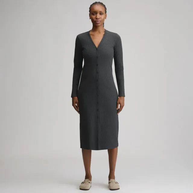 Eddie Bauer Long-Sleeve Button Front Ribbed Knit rochie midi Charcoal calduroasa