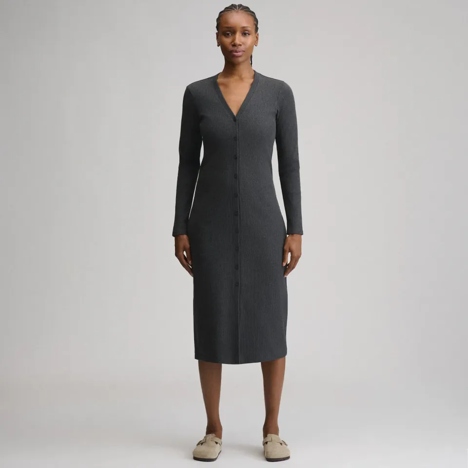 Eddie Bauer Long-Sleeve Button Front Ribbed Knit rochie midi Charcoal calduroasa