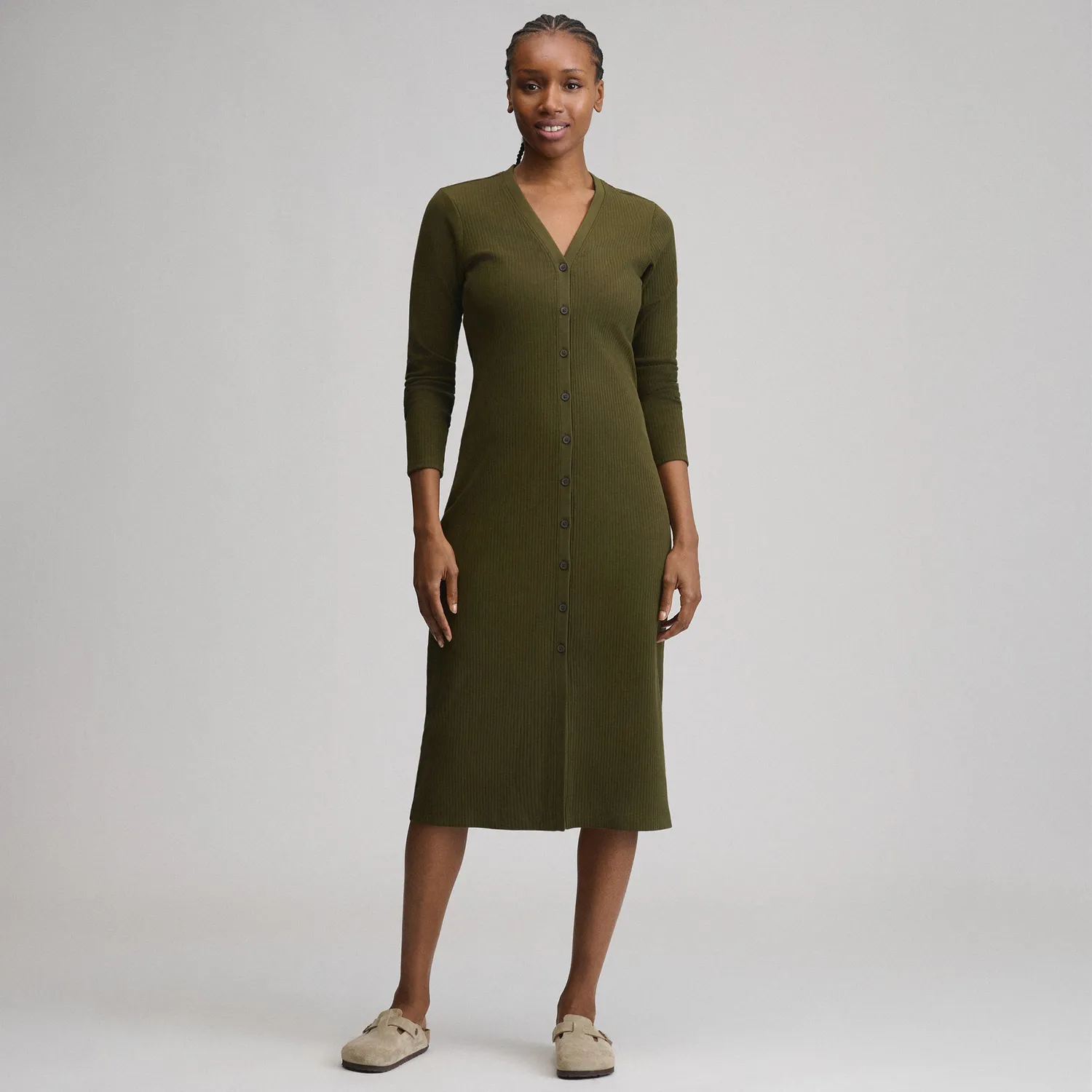 Eddie Bauer Long-Sleeve Button Front Ribbed Knit rochie midi Charcoal calduroasa
