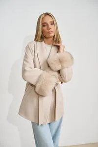 Mareus 669 palton lână pearl bej cu manșete vulpe