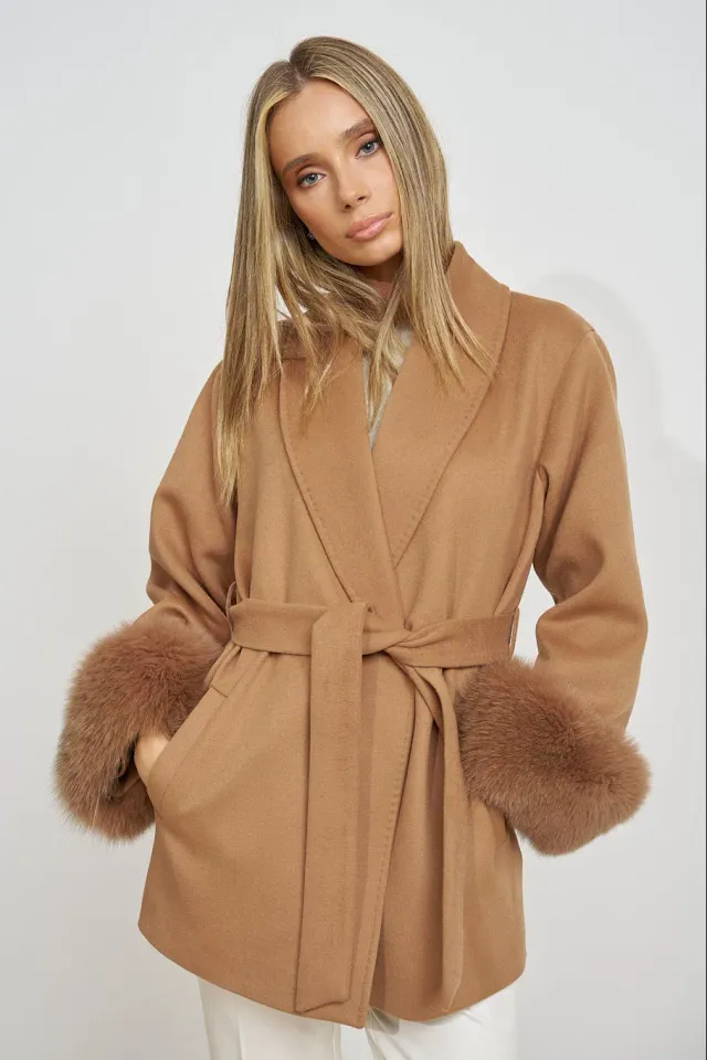 Mareus 671 palton lână damă camel cu manșete vulpe 75cm