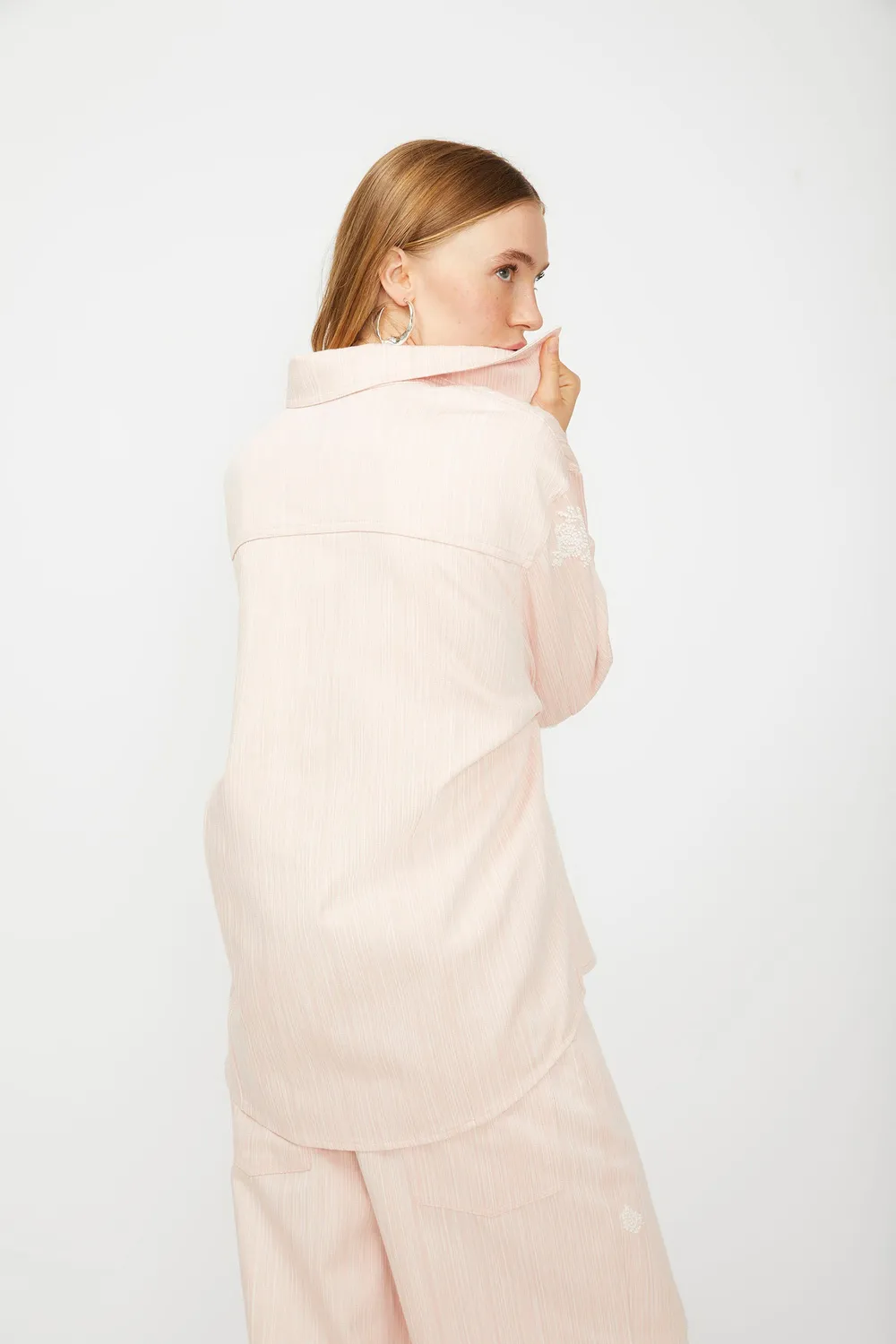 Camasa Isabelle Blanche denim roz cu broderie margele