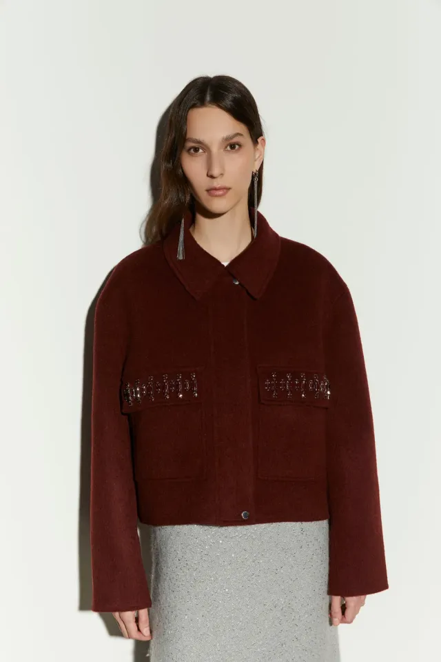Isabelle Blanche jacheta lana burgundy M cu pietre