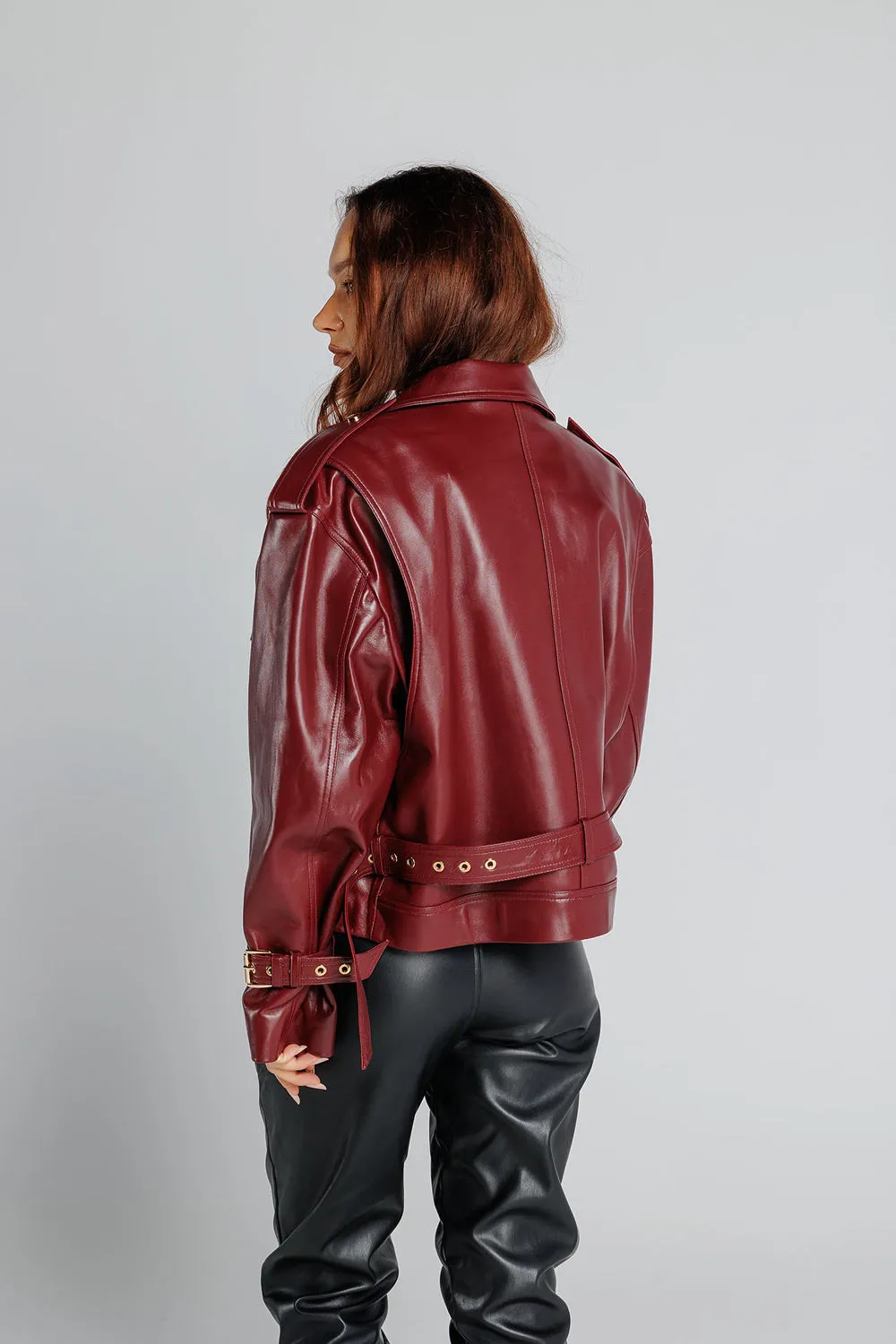 Mareus 707 geacă piele damă burgundy gold oversized