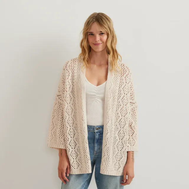 Eddie Bauer Open Stitch cardigan dama lung bej calduros