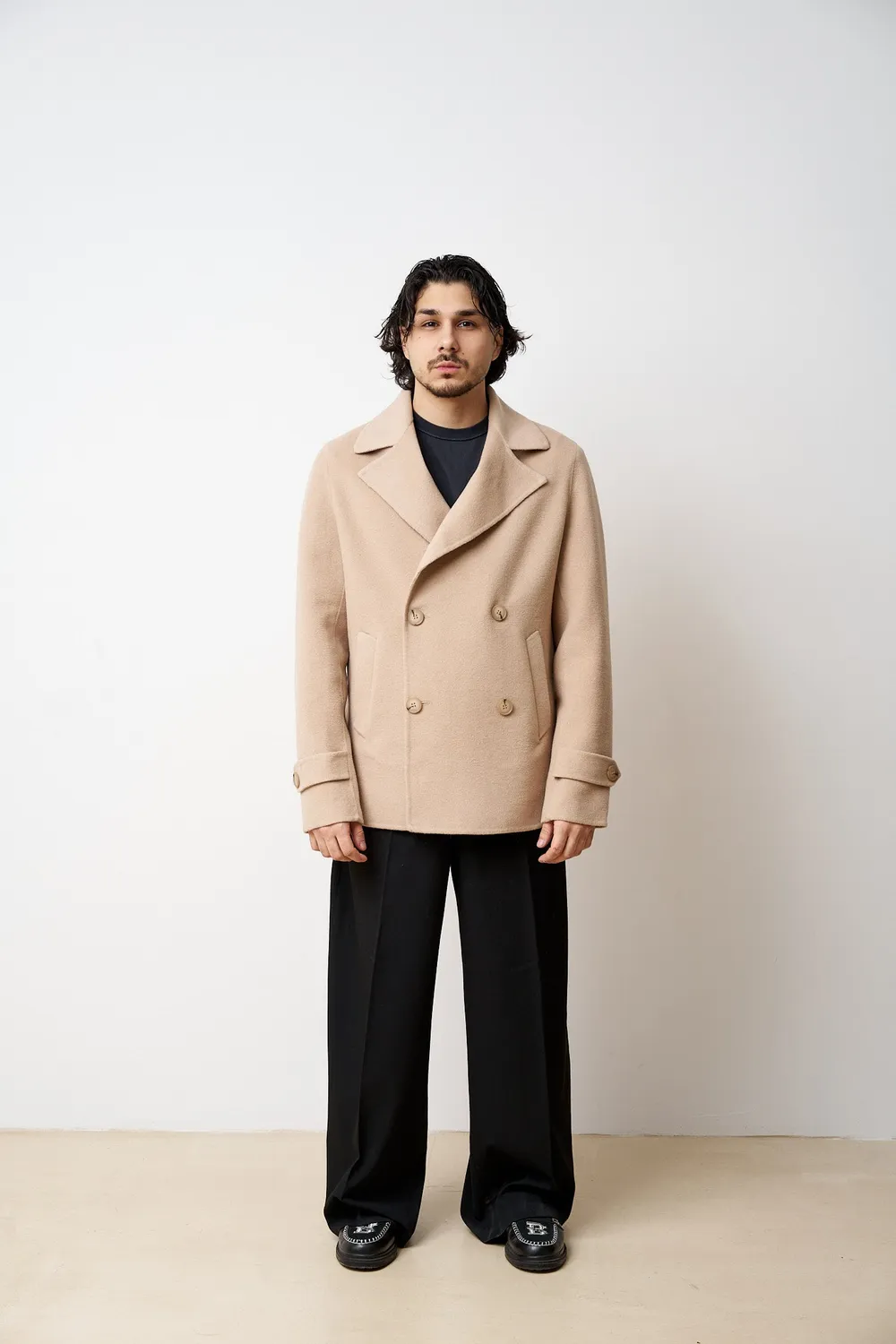 Mareus 533 palton lână Desert Beige scurt bărbați
