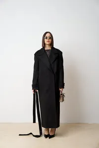 Mareus 522 palton lana lung damă negru cu cordon