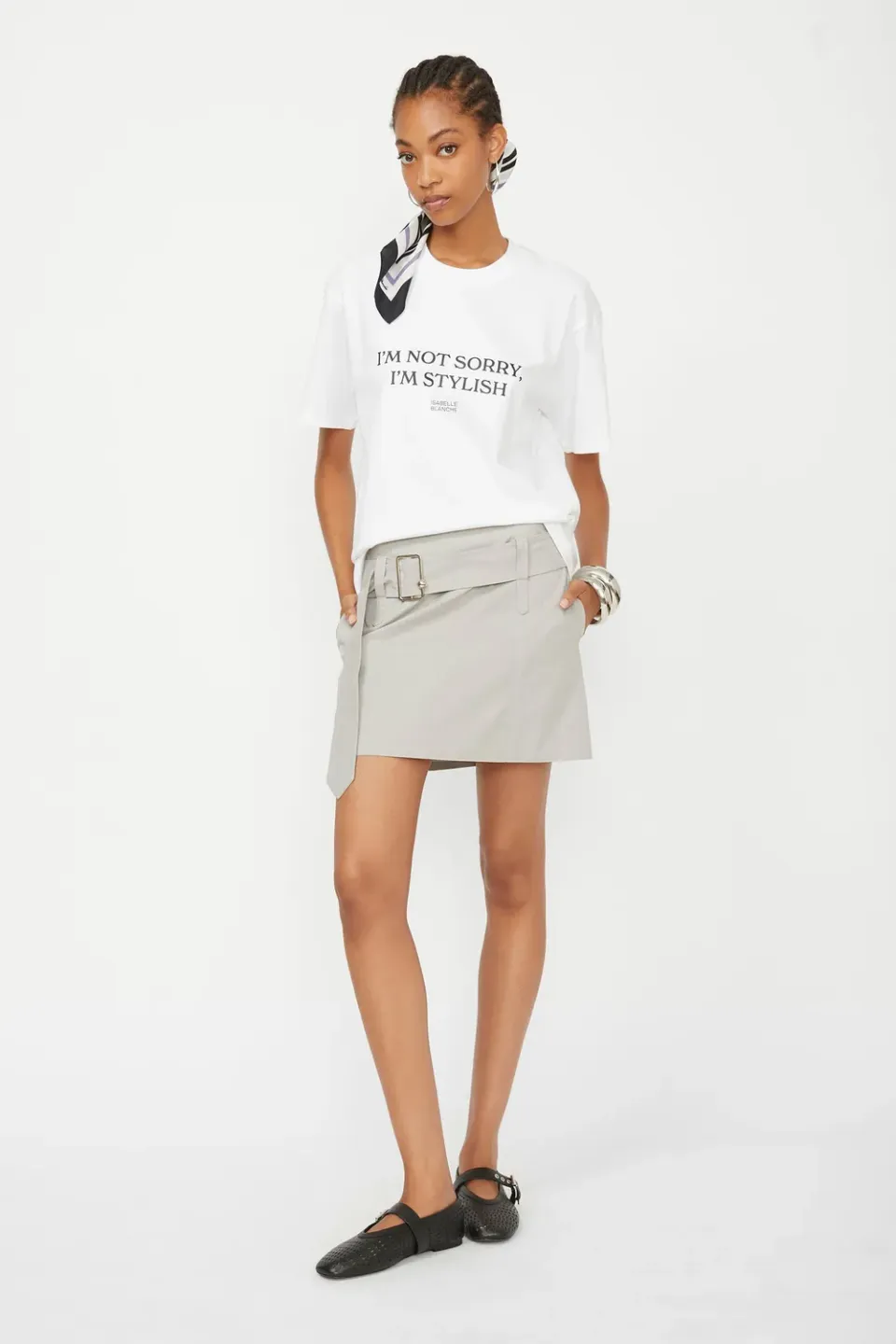 Isabelle Blanche fusta mini bumbac ciment cu curea