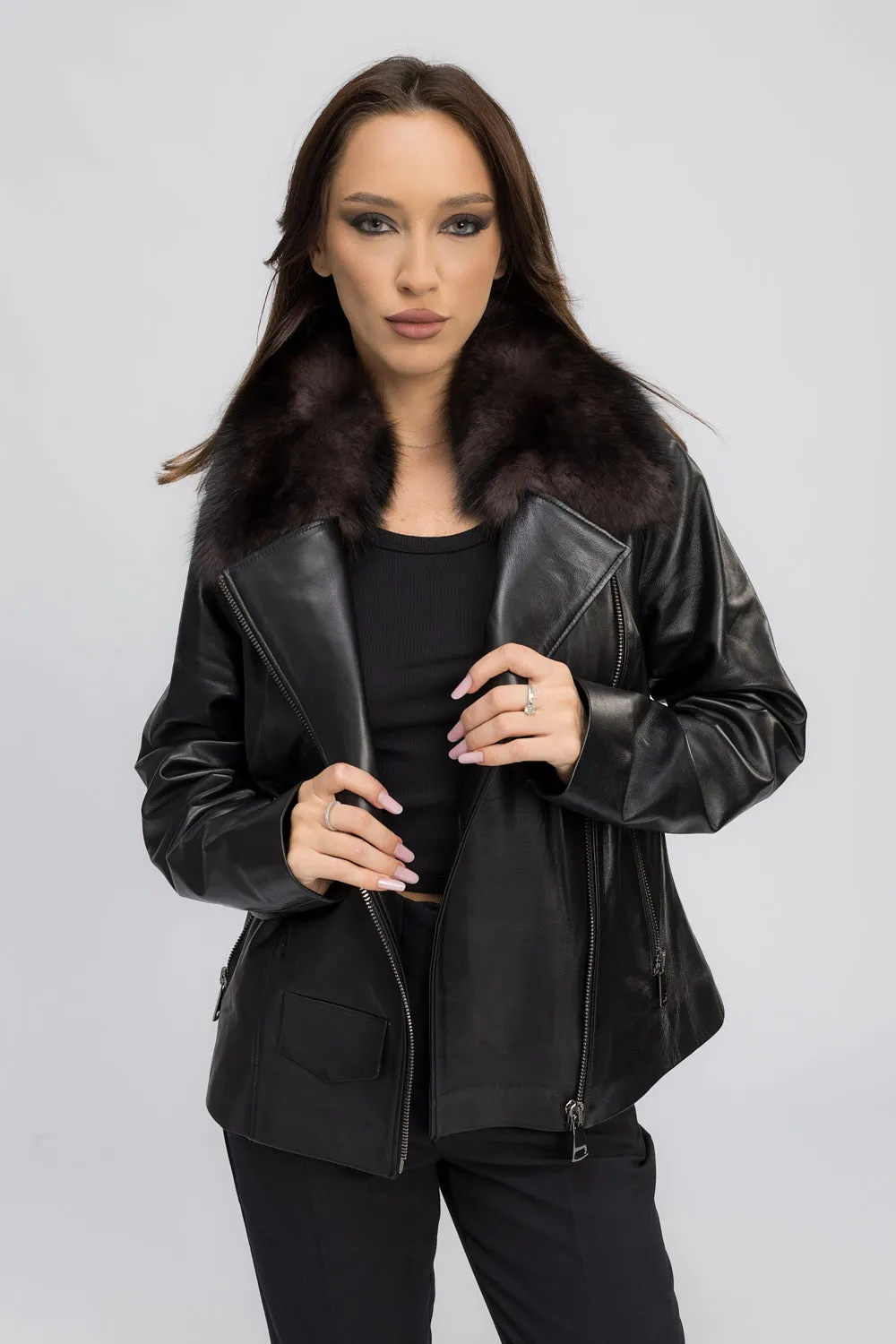 Mareus Obsidian 442 geaca piele dama Negru piele vulpe