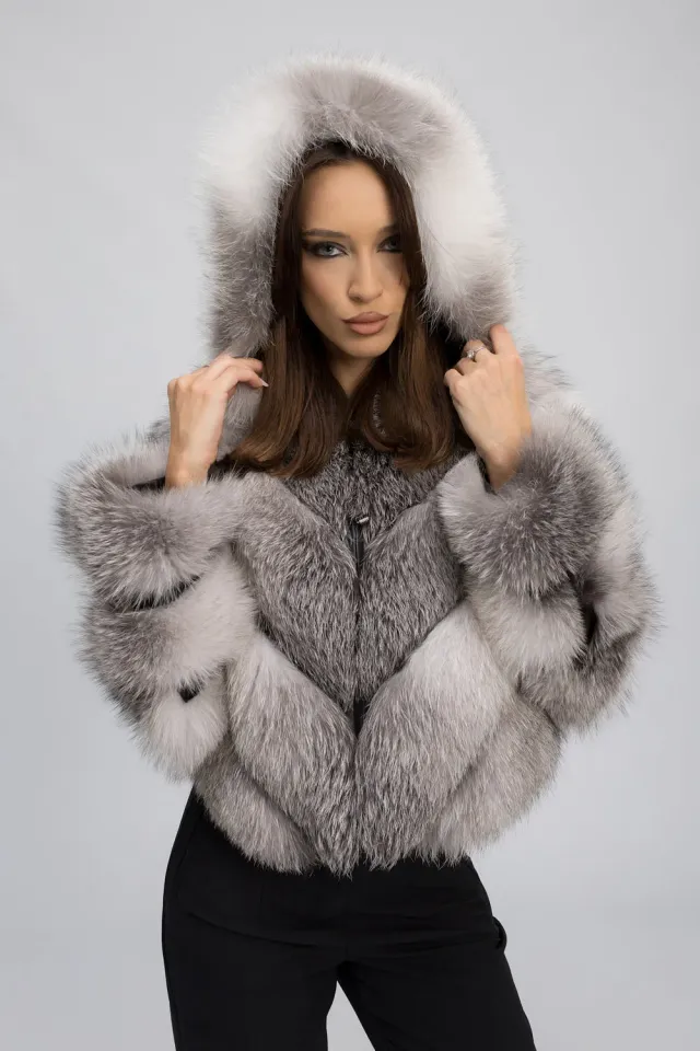Mareus Arctic Silver 454 haină blană vulpe argintie cu glugă