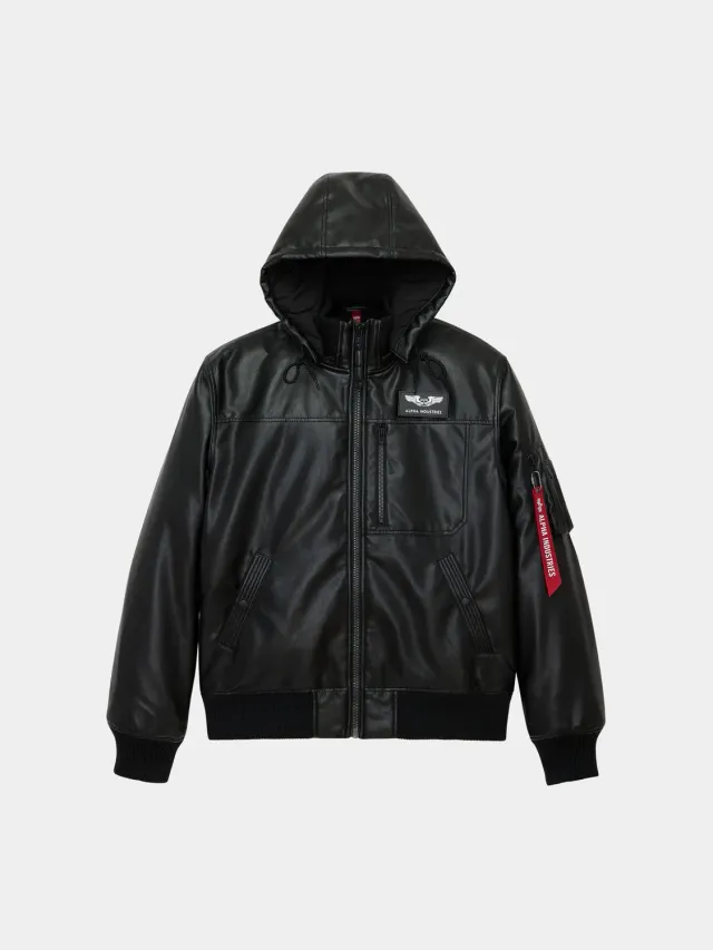 Alpha Industries geaca bomber neagra piele ecologica cu gluga