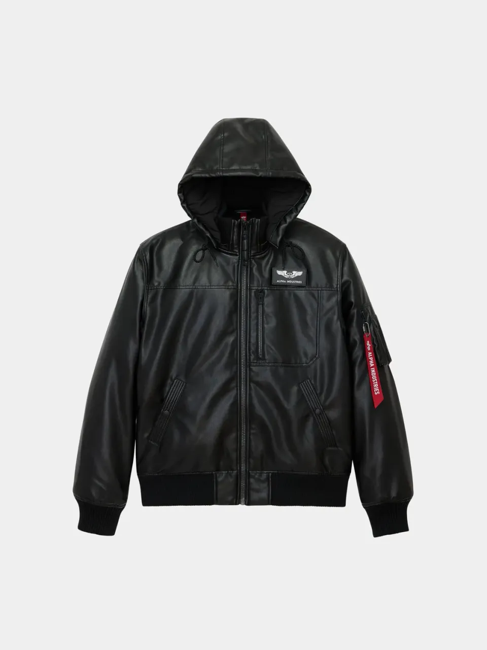 Alpha Industries geaca bomber neagra piele ecologica cu gluga
