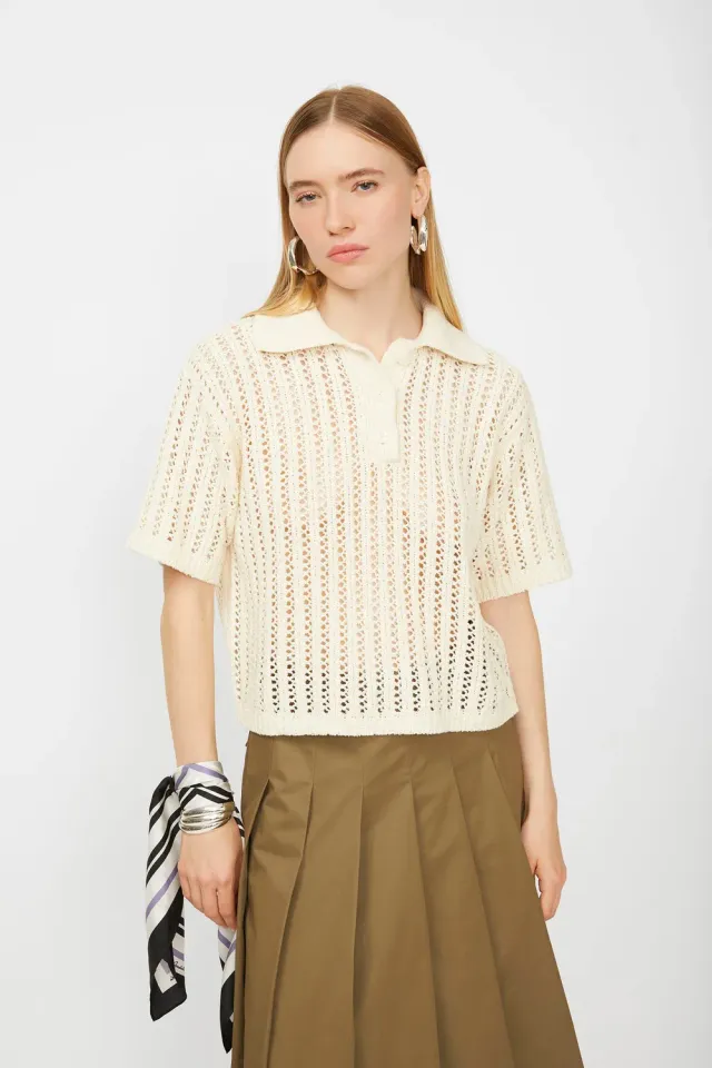 Isabelle Blanche tricou polo ivory perforat bumbac