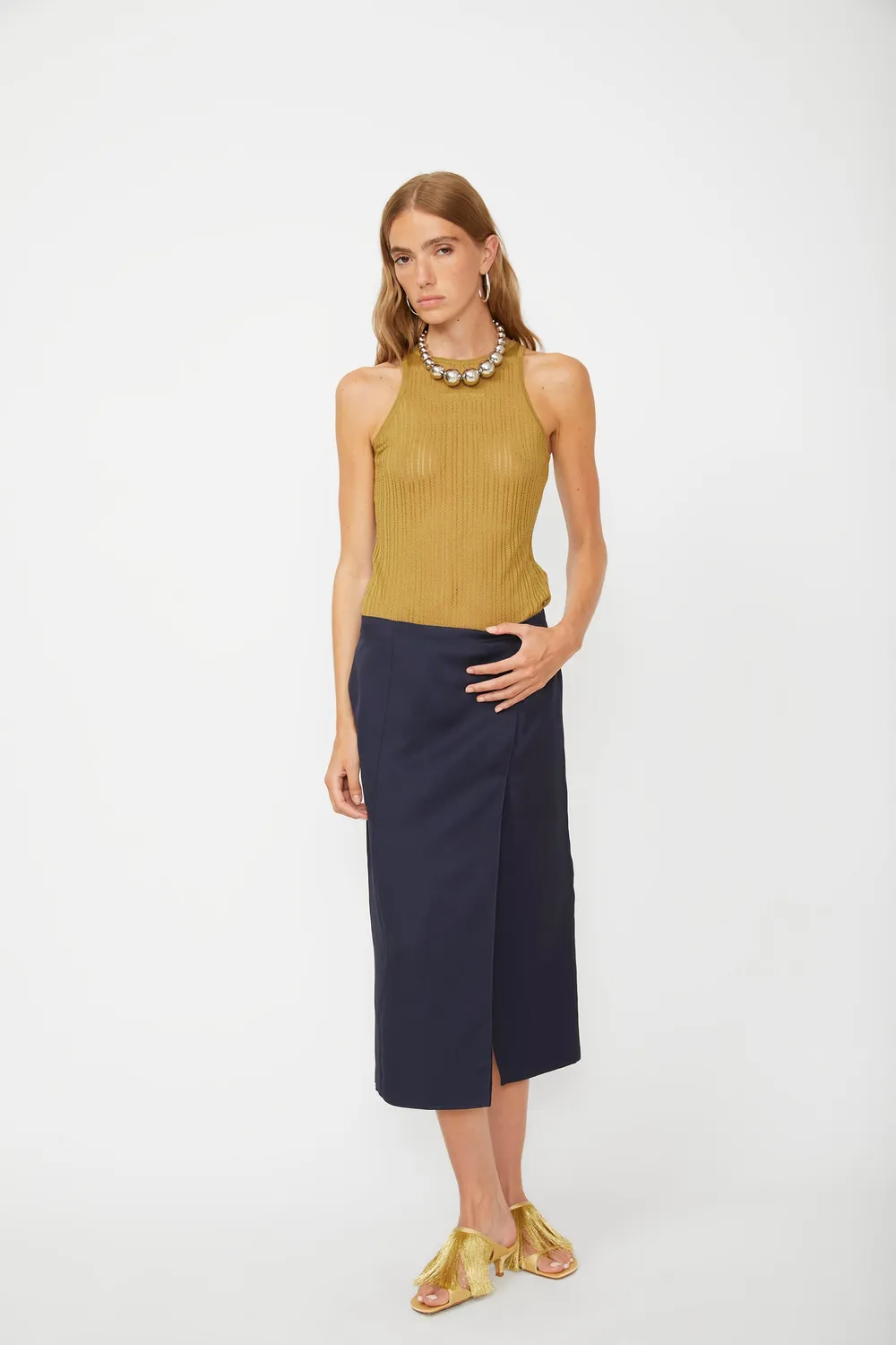 Isabelle Blanche fusta midi pliseuri bleumarin