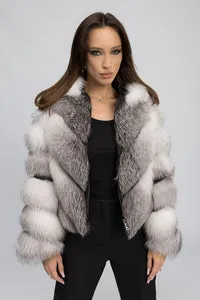 Mareus Arctic Silver 454 haină blană vulpe argintie cu glugă