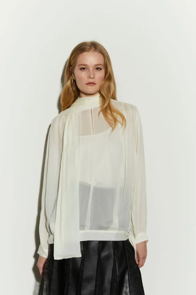 Isabelle Blanche bluza voal cu esarfa alba M