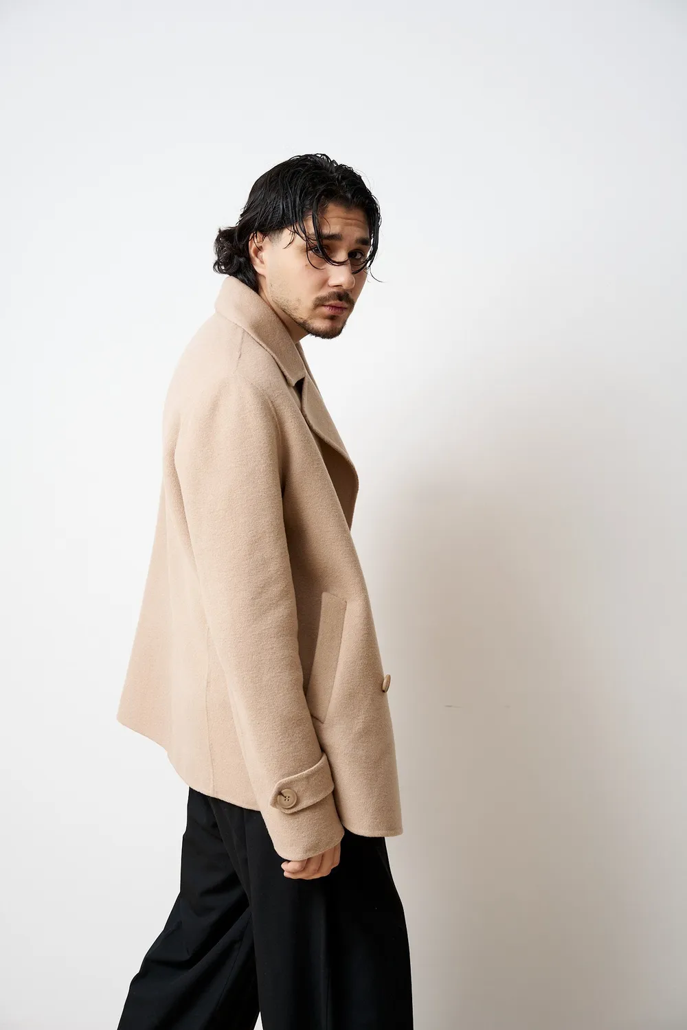 Mareus 533 palton lână Desert Beige scurt bărbați