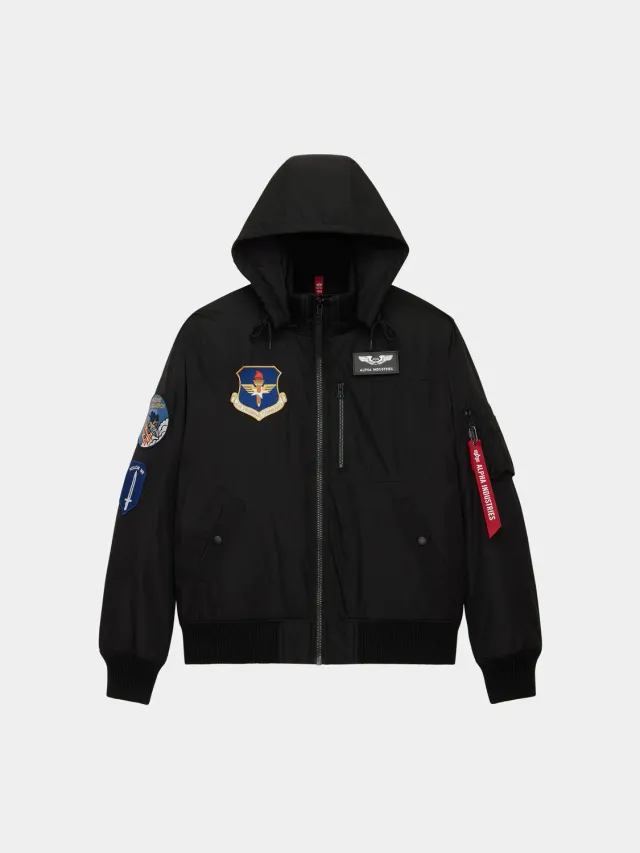 Alpha Industries Patched Hooded Rib geaca flight negru cu gluga