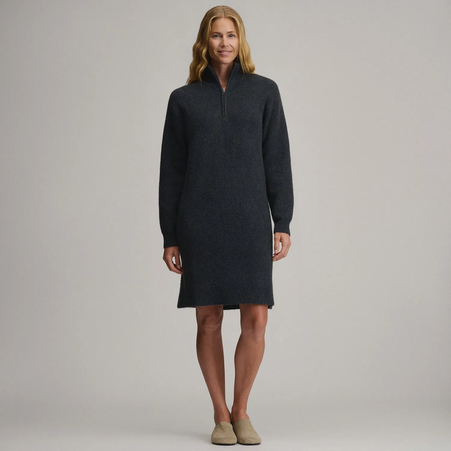 Eddie Bauer Ribbed Zip Mock rochie tricot gri calduroasa