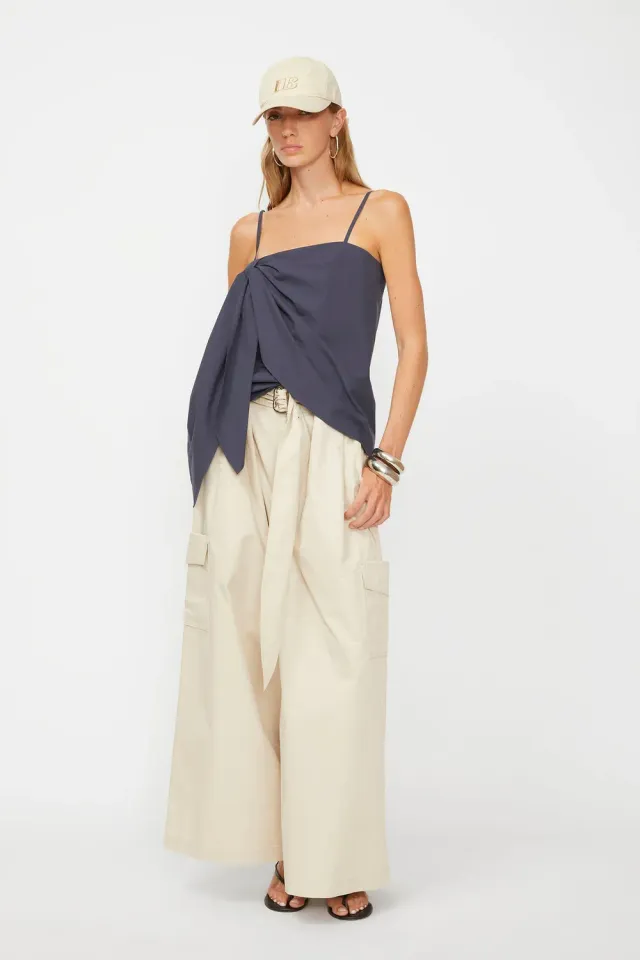 Isabelle Blanche top poplin bumbac bleumarin