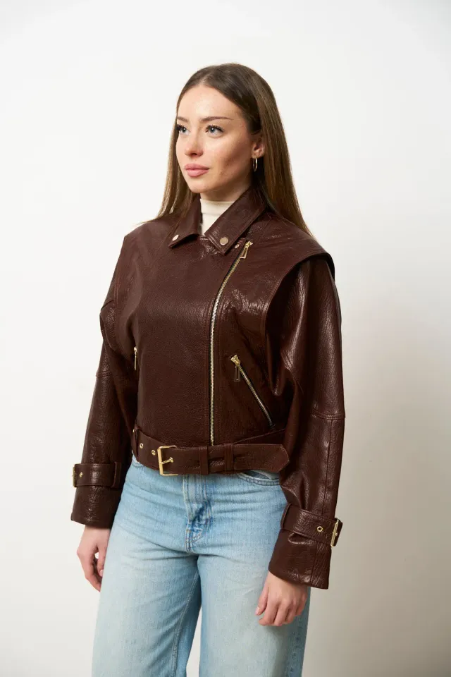 Mareus 626 geacă piele damă amber cognac oversized