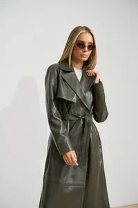 Mareus Olive 668 trench piele dama verde lung 125cm