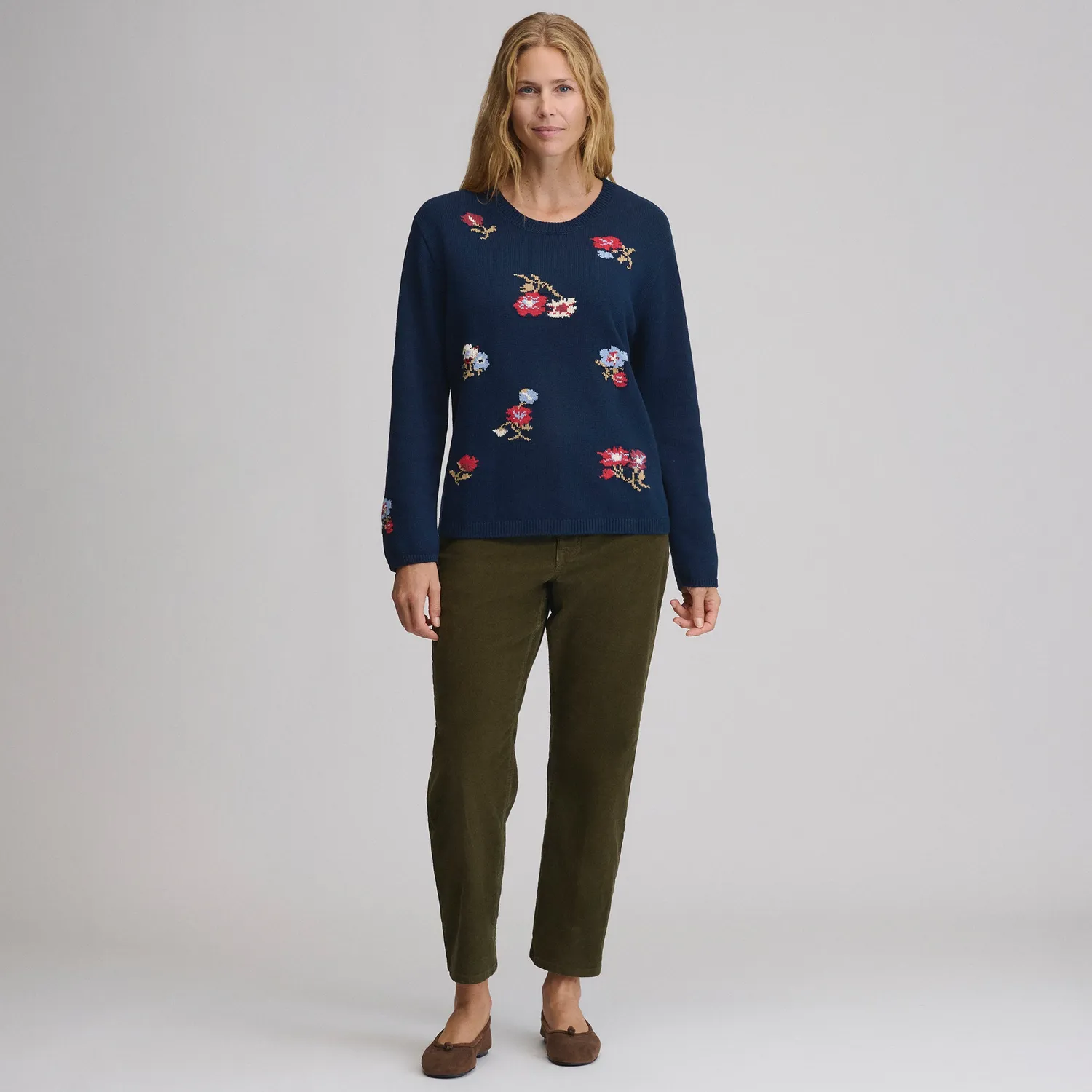 Eddie Bauer Floral Crewneck pulover dama bleumarin cu model floral