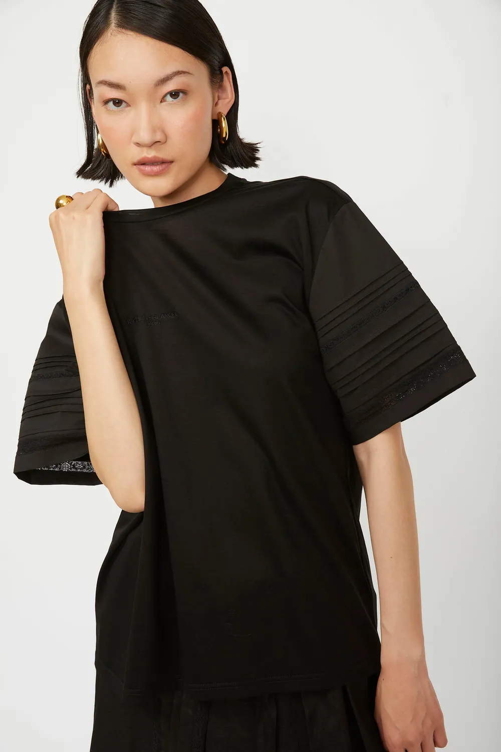 Isabelle Blanche tricou negru dantela bumbac