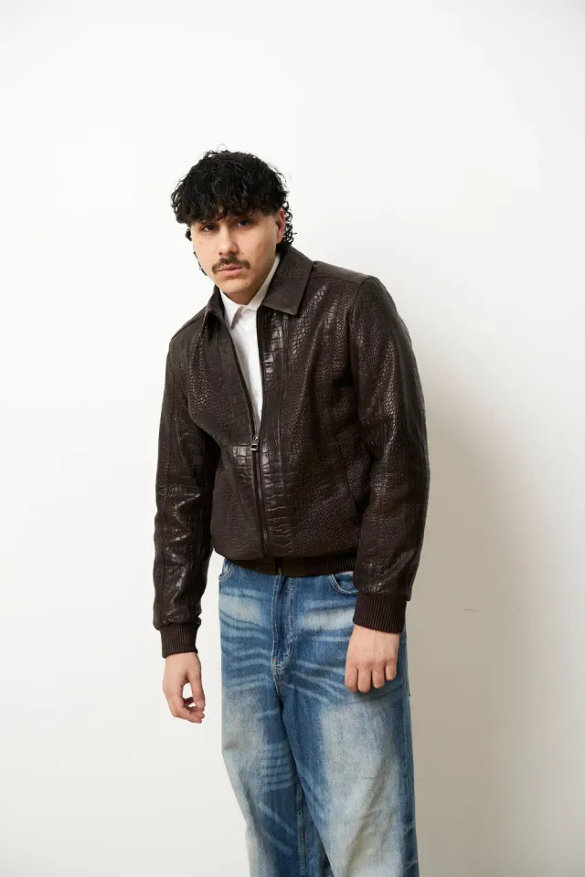 Mareus 615 geaca piele barbati cognac croc bomber