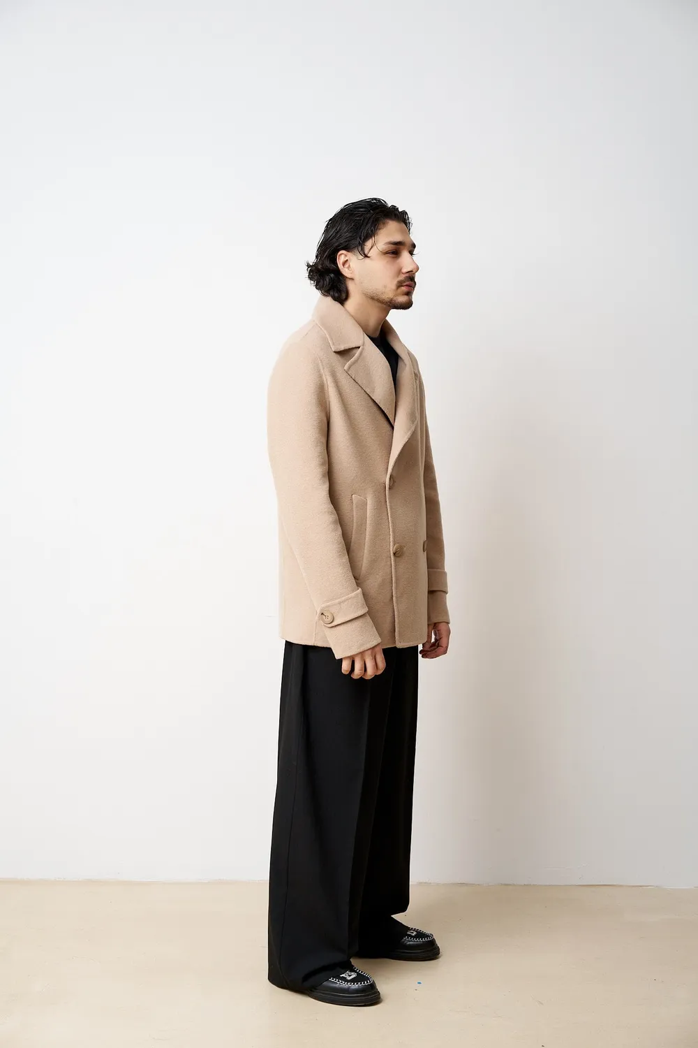 Mareus 533 palton lână Desert Beige scurt bărbați