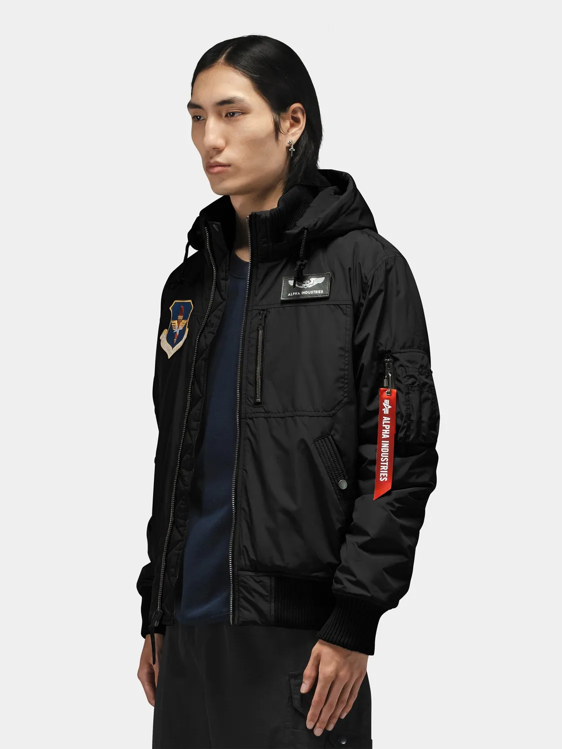 Alpha Industries Patched Hooded Rib geaca flight negru cu gluga